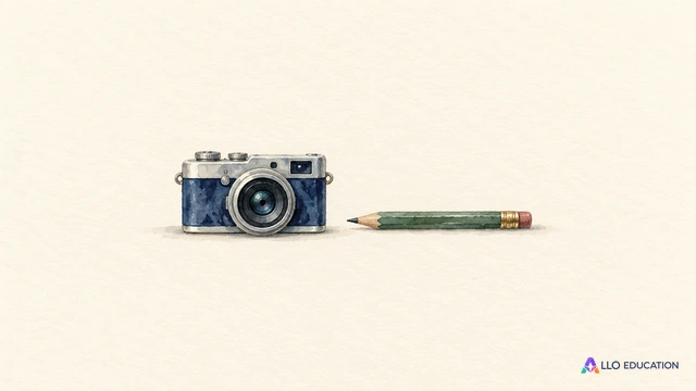 Un petit appareil photo entier et un crayon complet reposent côte à côte au centre d’un fond ivoire.