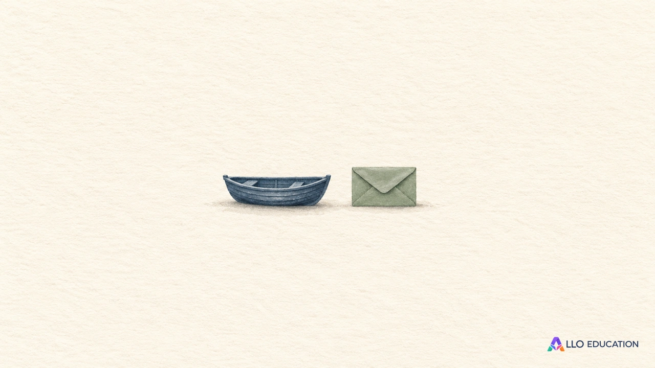 Une petite barque entière et une enveloppe fermée sans inscription évoquent le port et la lettre du récit.