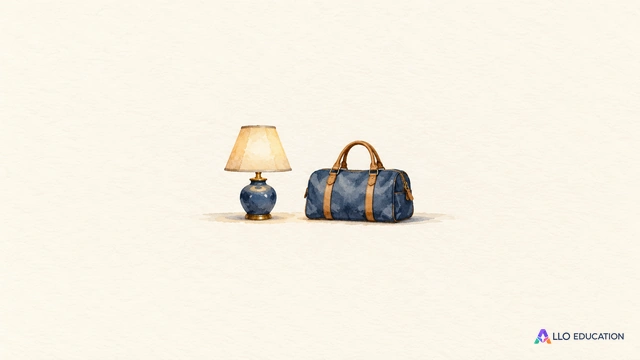 Une petite lampe entière et un sac de voyage complet sont posés côte à côte au centre d’un fond ivoire.