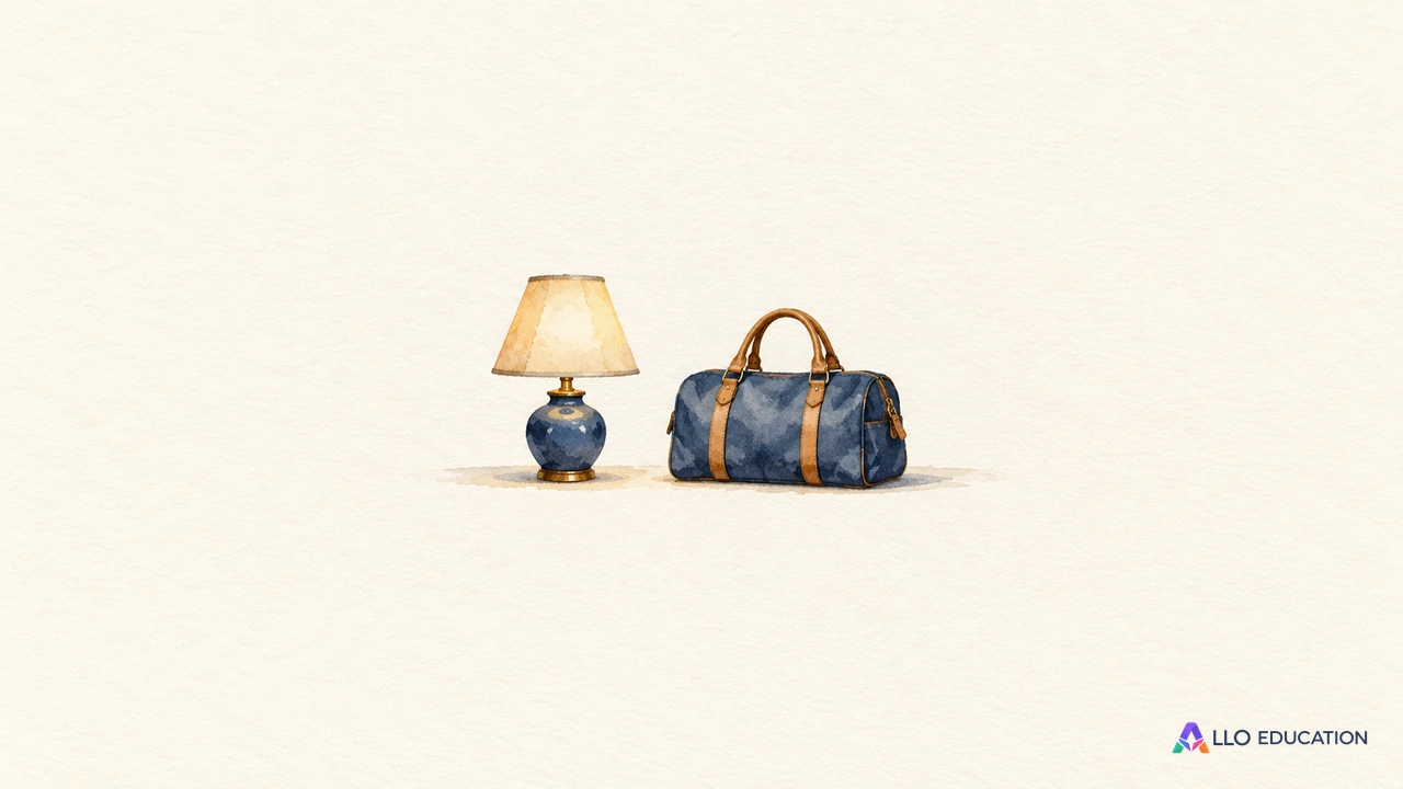 Une petite lampe entière et un sac de voyage complet sont posés côte à côte au centre d’un fond ivoire.