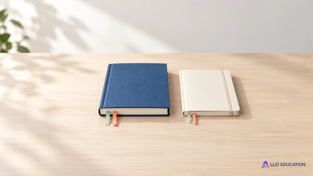 Un livre relié bleu et un carnet clair, accompagnés de marque-pages colorés, forment une composition centrale sur une table claire.
