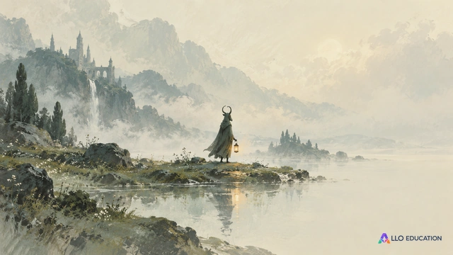 Une haute silhouette cornue et une lanterne au milieu d’un paysage imaginaire calme, sans scène d’action.