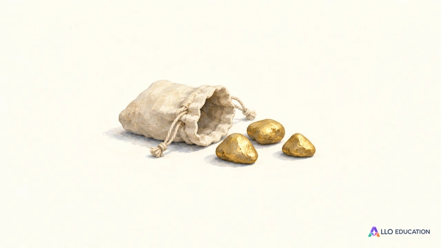 Un petit sachet de toile ouvert et trois cailloux dorés sont regroupés sur un fond clair.