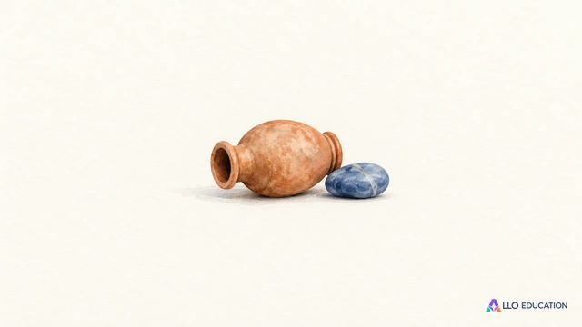 Une petite jarre ocre et un galet bleu reposent côte à côte sur un fond clair, sans texte.