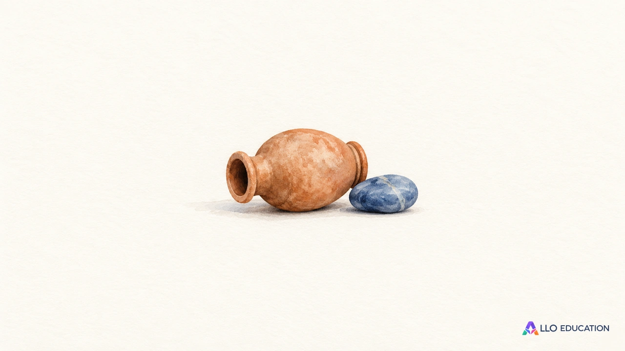 Une petite jarre ocre et un galet bleu reposent côte à côte sur un fond clair, sans texte.