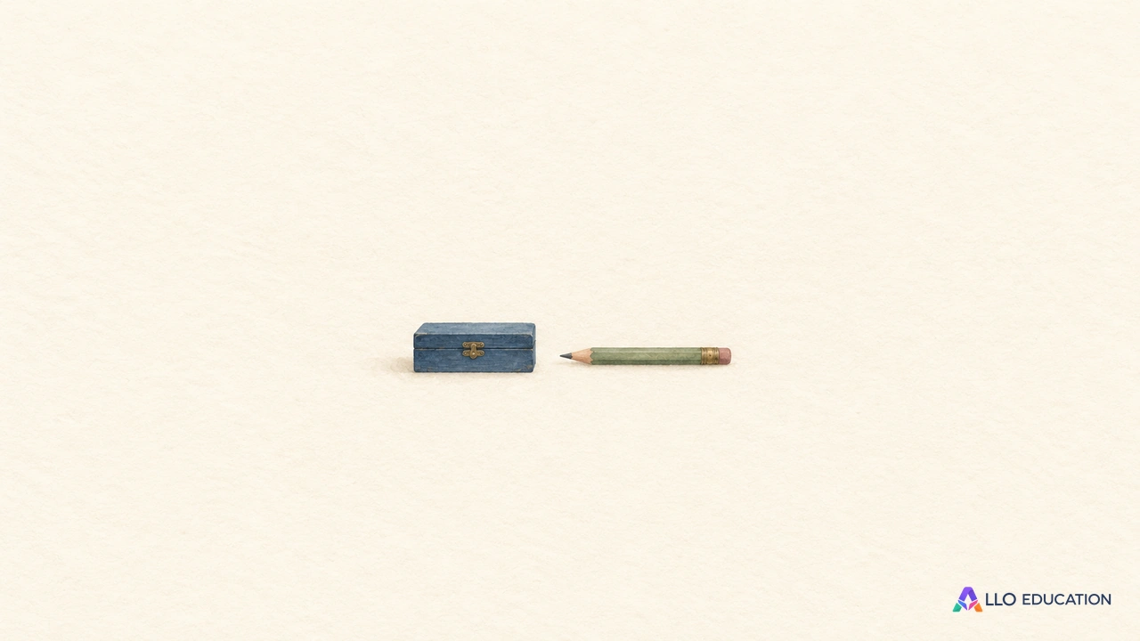 Une petite boîte à souvenirs fermée et un crayon entiers évoquent l’écriture et la réflexion.