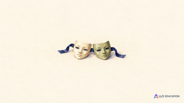Deux masques de théâtre neutres et un ruban indigo sur une table claire, au centre du cadrage.