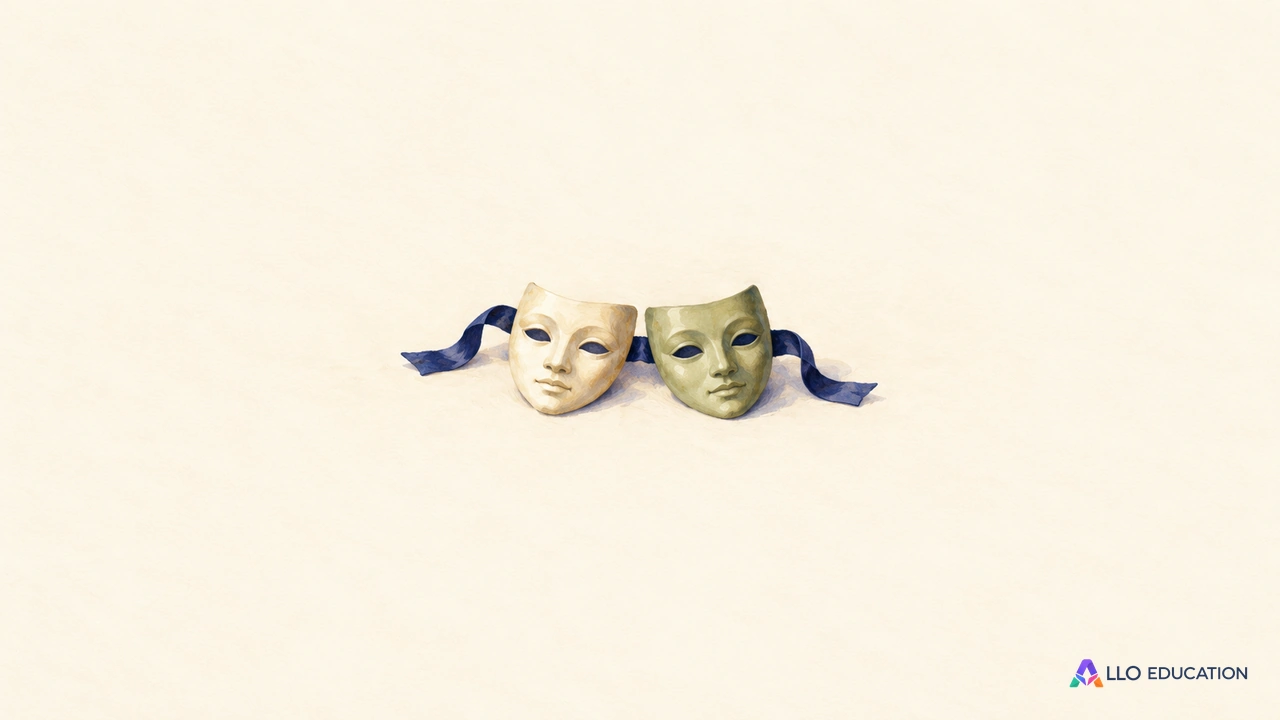 Deux masques de théâtre neutres et un ruban indigo sur une table claire, au centre du cadrage.