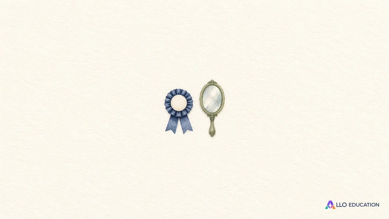 Une petite rosette entière sans inscription et un miroir entier évoquent le goût des honneurs.