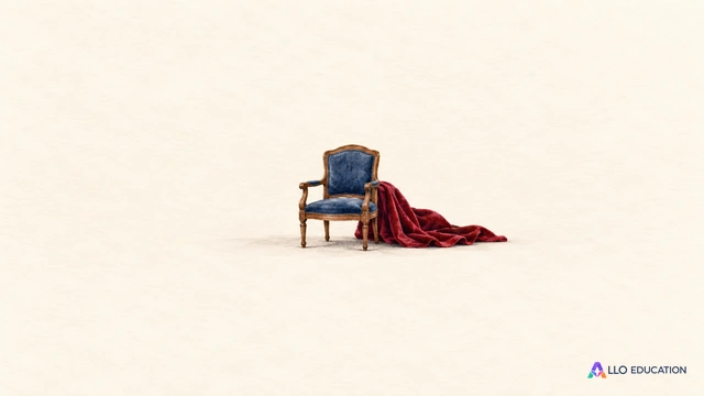 Un petit fauteuil bleu entier se détache au centre d’un fond clair, avec un pli de tissu rouge à côté.