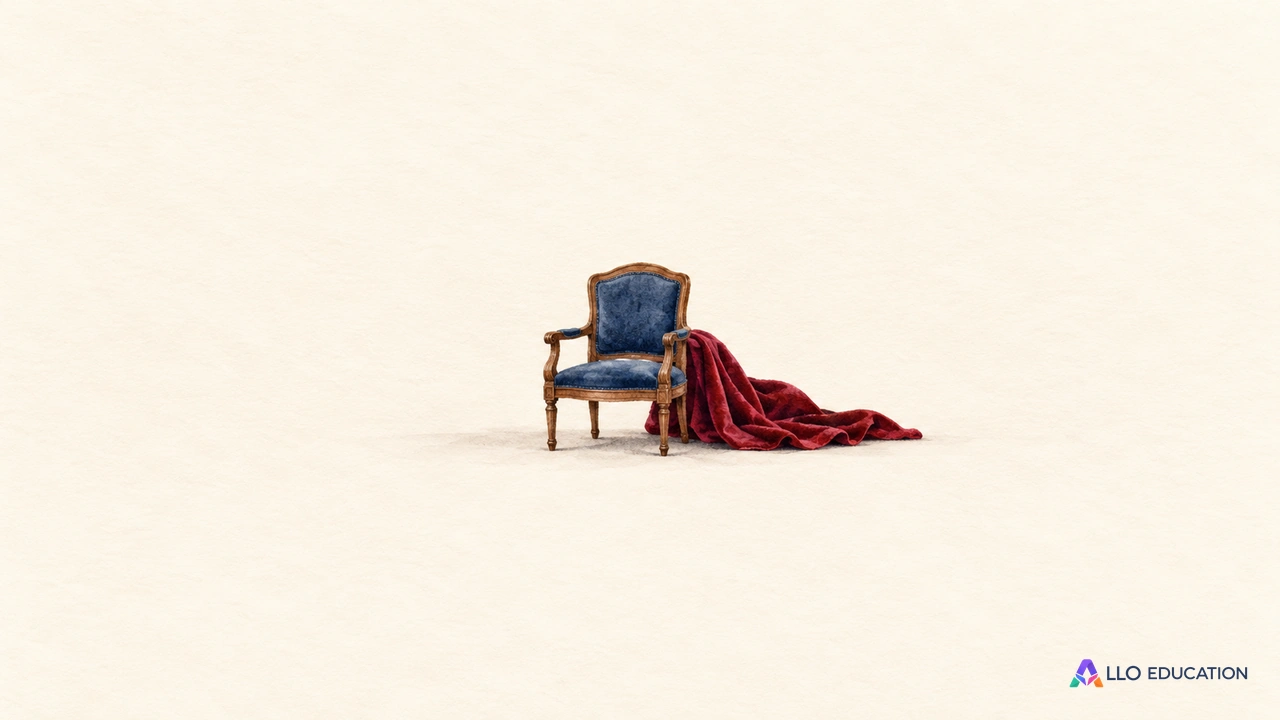 Un petit fauteuil bleu entier se détache au centre d’un fond clair, avec un pli de tissu rouge à côté.