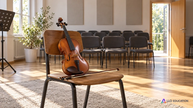 Violon dans une salle aux fauteuils vides et à la porte ouverte.