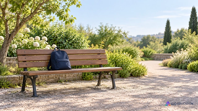 Un banc et un sac fermé dans un jardin calme : ménager un moment disponible au milieu des rythmes quotidiens.