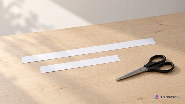 Deux bandes de papier de longueurs différentes évoquent la réduction d’un texte tout en conservant un fil continu.