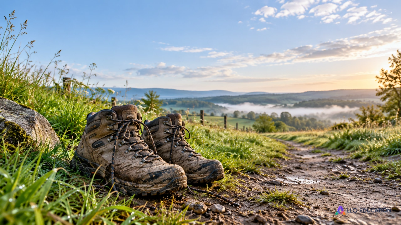 Chaussures sur un sentier, évoquant la marche et la transformation poétique du quotidien.