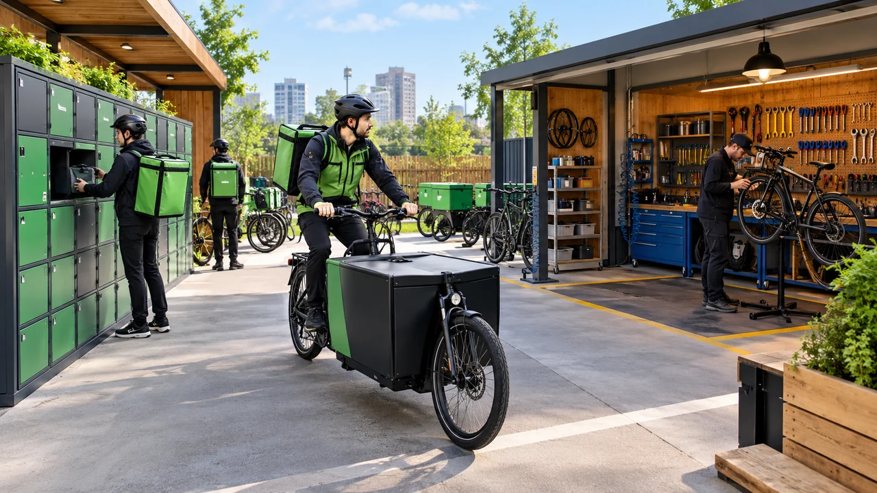 Illustration éditoriale montrant une coopérative de livraison à vélo et son espace logistique, sans chiffres.
