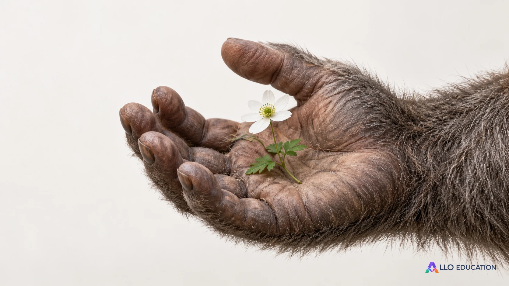 Une main velue imaginaire porte délicatement une petite fleur blanche sur fond clair, pour évoquer le contraste entre apparence et geste.