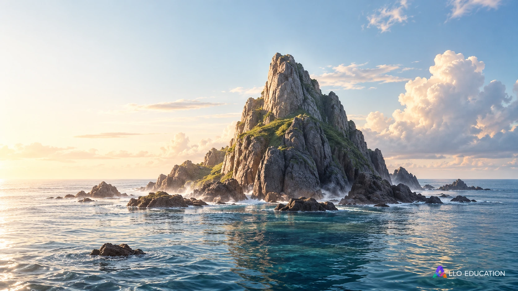 Une terre rocheuse imaginaire se distingue d’une mer calme et du ciel.