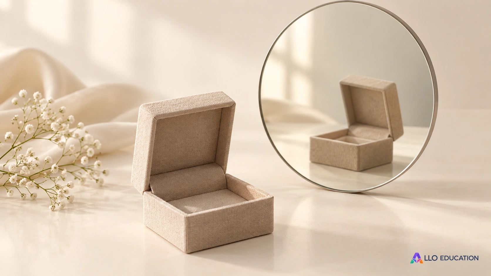 Un petit écrin de tissu uni ouvert près d’un miroir rond sobre évoque les apparences et les regards différents sur un objet.