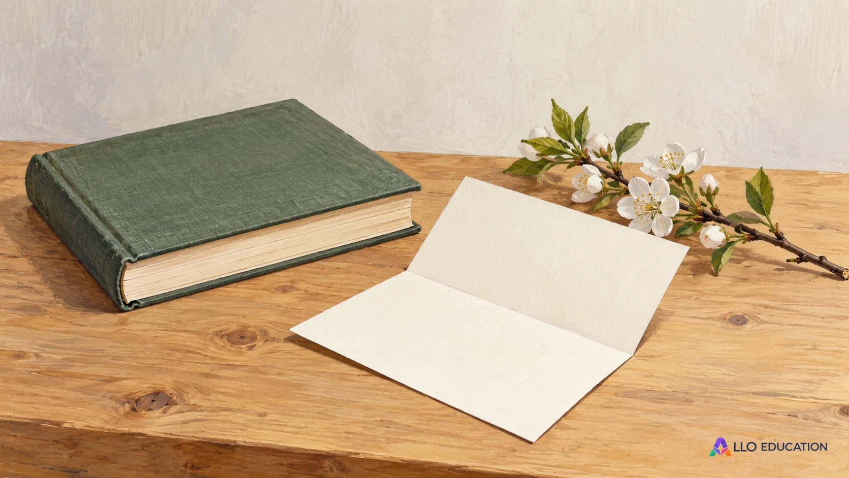 Un livre fermé uni, un pli de papier vierge et une branche fleurie évoquent la lecture et l’expression.