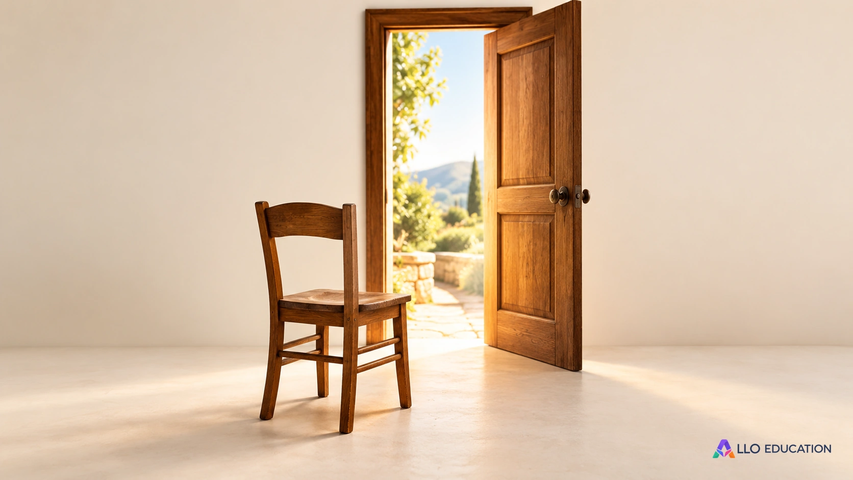 Une porte en bois entrouverte devant laquelle se trouve une chaise vide évoque l’accès au groupe et le choix d’un personnage.