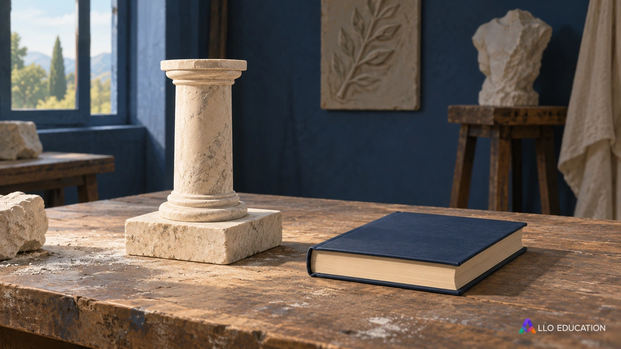Une petite colonne sur sa base et un livre fermé sans titre.