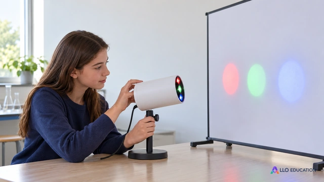 Atelier de physique fictif : une lycéenne ajuste une petite lampe à trois sources colorées devant un écran blanc uni ; pastilles lumineuses rouge, verte et bleue visibles.