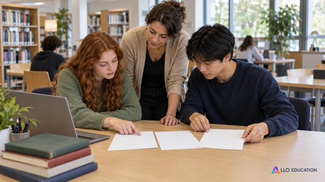 Deux lycéens fictifs et un adulte accompagnateur comparent des feuilles muettes sur une table de bibliothèque ; les décompositions et calculs exacts sont montrés dans le parcours.