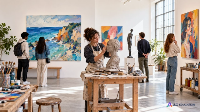 Atelier fictif d’art anglophone avec peintures et sculpture originales, visiteurs et matériaux, aucune inscription.