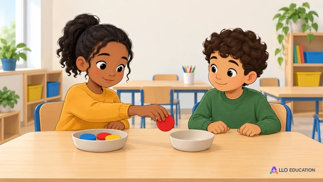 Deux élèves fictifs travaillent des mathématiques sur une table claire : Nina en pull ocre tend quelques jetons rouges d’un petit bol, Sami en pull vert observe. Aucun compte de je