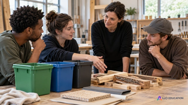 Une formatrice fictive et trois apprentis discutent autour d’une table dans un atelier lumineux, près de contenants de collecte unis et de chutes de matériau ; tous les documents s