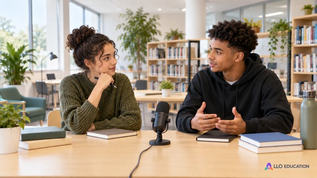 Deux apprentis fictifs préparent un entretien dans un centre documentaire lumineux, microphone sans marque posé sur une table, carnets et livres fermés, échange attentif.