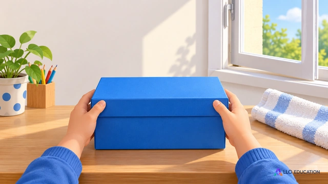 Une boîte bleue tenue par deux mains d’enfant au premier plan, près d’une fenêtre entrouverte et d’une serviette posée ; illustration primaire simple et muette, aucun texte ni badg