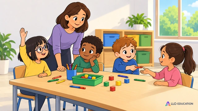 Illustration Allo Primaire muette : dans une classe fictive lumineuse, quatre enfants fictifs variés et une enseignante discutent calmement autour d’une table de matériel.