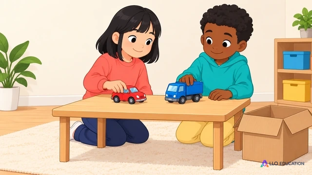 Mina et Yanis, deux enfants fictifs, posent une voiture et un camion en jouets sur une table près d’une boîte.