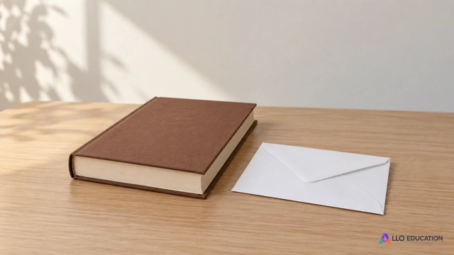 Livre brun fermé et enveloppe blanche fermée sur une table claire, couverture unie et sans inscription.