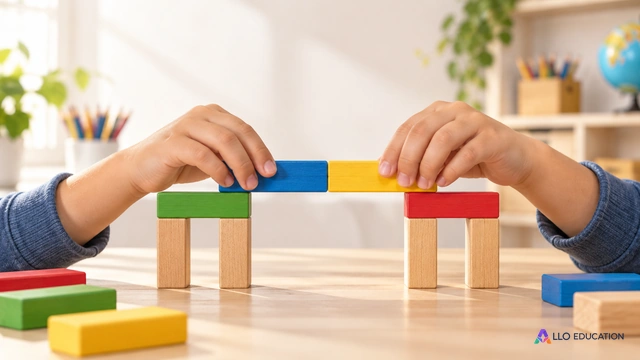 Couverture éditoriale Allo Primaire muette : gros plan de mains d’enfant qui rapprochent deux pièces de bois colorées unies pour construire un petit pont cohérent, deux ensembl.