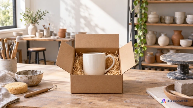 Une tasse de céramique unie dans une boîte ouverte neutre au centre d’un comptoir d’atelier lumineux, quelques poteries rangées au fond, objets seuls, aucune personne ni inscriptio