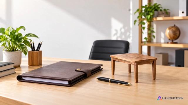 Un contrat fermé, un stylo et une table artisanale miniature au centre d’un bureau clair : le sujet évoque l’engagement et sa réalisation.