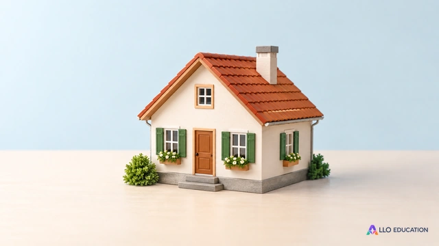 Une petite maison miniature sans inscription, seul objet sur un fond calme.