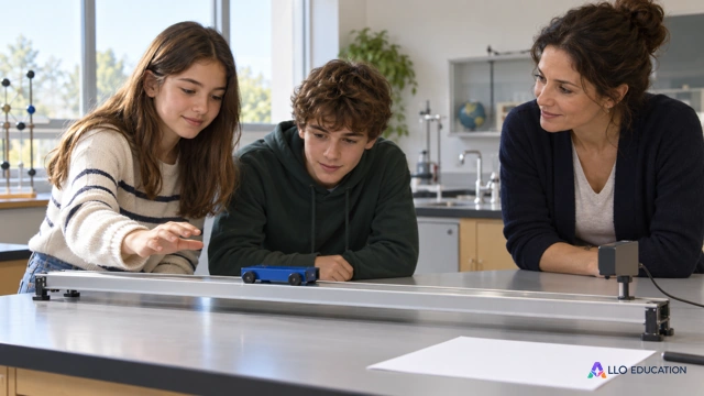 Deux lycéens fictifs et une enseignante observent un chariot bleu sur une piste de laboratoire, avec un capteur muet et une feuille vierge ; aucune donnée du parcours n’est déduite