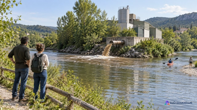 Paysage industriel et rivière entièrement fictifs : des riverains observent un rejet d’eau brunâtre ; le dossier précise un dommage externe sans prétendre mesurer une pollution rée