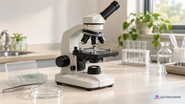 Un microscope scolaire sans marque est posé sur une paillasse claire, au-dessus d’une lame transparente.