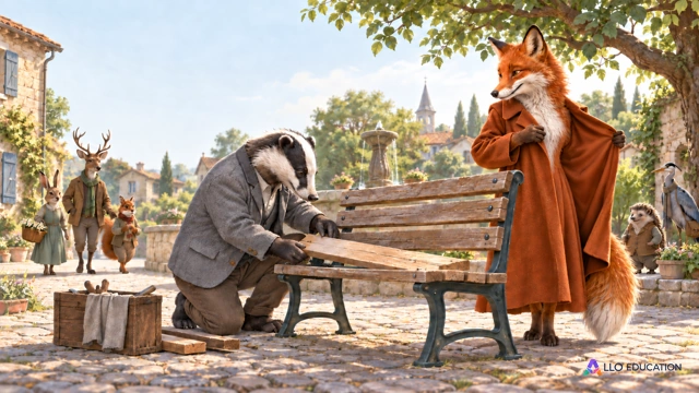 Une renarde montre son manteau pendant qu’un blaireau répare le banc commun dans un village de fable.
