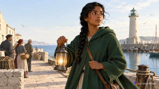 Une messagère fictive porte une lanterne près d’un port imaginaire et d’un phare.