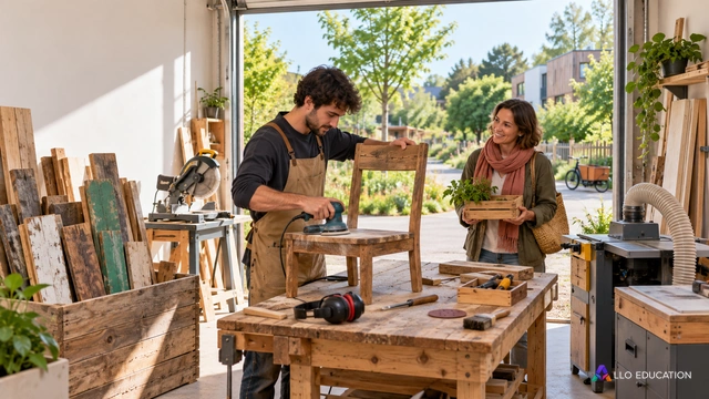 Illustration muette d’une menuiserie ouverte sur un quartier arboré, avec artisan, riveraine, matériaux récupérés et équipement de fabrication ; aucun écrit, aucun graphique chiffr