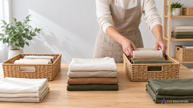 Des textiles unis et des paniers de tri organisés sur un poste de travail clair.