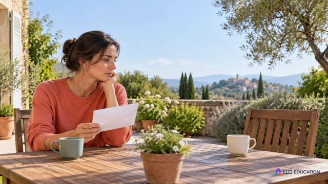 Un personnage fictif dans un jardin tient une enveloppe unie près de deux tasses, dont une reste sur la table.