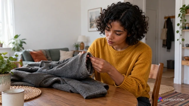 Dans un appartement sobre, Amel examine la manche usée d’un manteau posé sur une table.