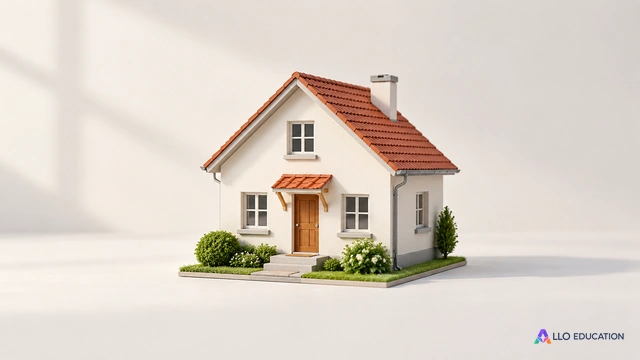 Une maison miniature sans inscription, seul objet sur fond calme.